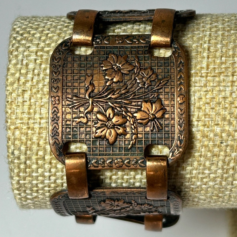 Vintage Wide Genuine Copper Panel Linked Bracelet Decorative Embossed Flowers